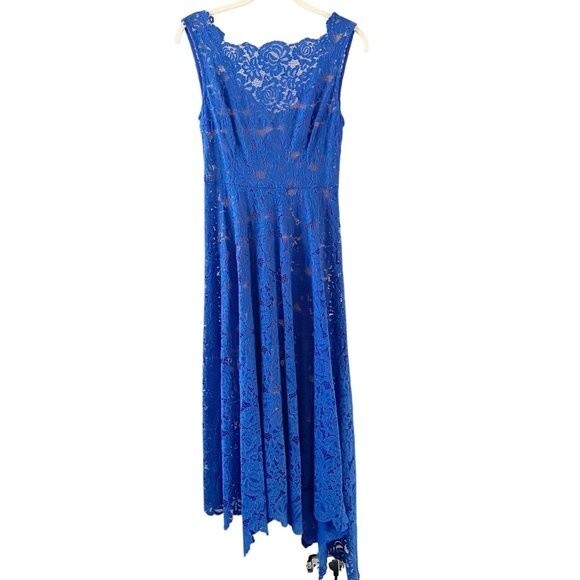 Anthropologie Tracy Reese Cerulean Sky Cobalt Blue Lace Asymmetrical Midi Dress - Picture 2 of 11